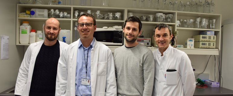 BU: Benno Cardini, Giuseppe Cappellano, Lukas Oberhuber und Rupert Oberhuber konnten ihrer innovativen Forschungserkenntnisse im Forschungsjournal „Plos one“ publizieren. Foto: MUI/HOF