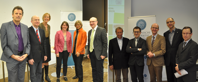 Die TeilnehmerInnen der Podiumsdiskussion mit Rektorin Univ.-Prof.in Helga Fritsch & Vizerektor Univ.-Prof. Loidl mit Senatsvorsitzenden Univ.-Prof. Krismer und Univ.-Prof. Prodinger sowie den Referenten des ersten Tages bei der Begrüßung des 7. Curriculumstag.