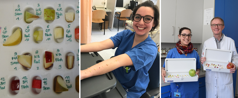 Norbert Reider und Bettina Nothegger testen derzeit, ob PatientInnen mit einer Birkenpollenallergie wirksam durch den Verzehr von Äpfeln behandelt werden können: Fotos: Apple Care Studie & MUI/B.Hoffmann-Ammann. news_apple_care_studie.jpg