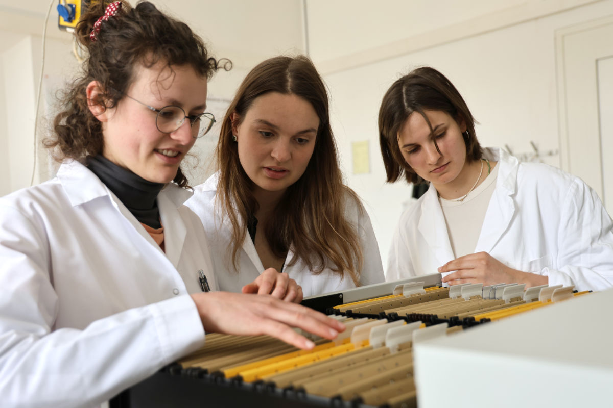 Die Studentinnen Anouk Haffner, Marie Michels und Johanna Mascherbauer suchen in einem Aktenschrank nach Patientenakten